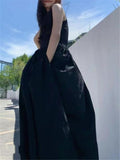 Black Long Tank Dress Women Spring Summer O Neck Floor-length Office Lady Casual Pockets Dresses  New Female Clothing