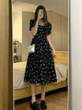 Hulianfu Vintage Black Square Collar Bandage Puff Sleeve Print Chiffon Midi Maxi Dresses for Women Party Dress Korea Clothing Summer