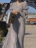 Hulianfu V Neck Flare Sleeve White Dress Fashion French Style Long Sleeve Dress for Women Elegant Chic Midi Vintage Dress