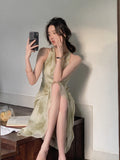 Hulianfu Vintage Sexy Sleeveless Neck-mounted Party Maxi Dresses for Women Halter Spaghetti Strap Folds Midi Dress Elegant Fashion Summer