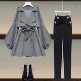 Hulianfu Autumn Office Ladies Elegant 2 Piece Sets Women Korean FashionTurn-down Iantern Long Sleeve Trench Coat And Bodycon Pants Sets