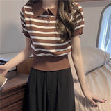 Hulianfu Summer Vintage Striped Polo Collar T Shirts Women's Knitted Short Sleeve Thin Cropped Tshirt Crop Top For Slim Girls