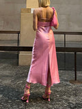 hulianfu Pink Camis Long Dresses Women Satin Cut Out Sleeveless Slip Dress Female Backless Sexy Party Dresses Summer Slit Midi Dress