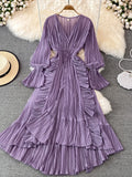 hulianfu Holiday Style Ankle Length Long Dresses Women  Spring New V Neck Puff Sleeve Lace Elegant Evening Party Summer Dress