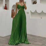 hulianfu Women Maxi Dress Summer Solid Sling Suspender Sleeveless Pleated Backless Lace Up Beach Party Dresses High Streetwear