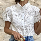 hulianfu High Street Puff Short Sleeve Lace Blouse Top Office Fashion Hollow Shirt t Shirt Commute Women O Neck Solid Jacquard Pullover