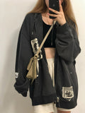 Winter women's street brown graffiti print zip vintage tops hoodie sweatshirts hoodies kawaii Blouse grunge y2k coats jackets