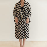 HULIANFU Luxurious Towels Plaid Retro Checkerboard Cotton Bathrobe Women Robe Soft Sleepwear Kimono Warm Bath Robes Coat Towel Homewear