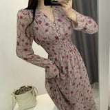 Hulianfu New Flower Dress Women Floral Chiffon Clothes Maxi Dresses Beach Elegant Autumn Pink Korean Long Sleeve V Neck Vestidos De Mujer