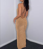 Hulianfu Elegant Gold Sequin Long Party Dresses For Women Sexy Halter Backless Maxi Dress Draped Glitter Luxury Evening Dress