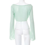 Cryptographic Elegant Mesh See Through Hot Sexy Tops and Blouses Women Summer Shirts Blouse Flare Sleeve Tie Up Tops Clothes