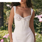 Hulianfu Spring Summer New Sexy Casual Lace Stitching Wavy Collar Halter Straps Bag Hip A-Line Short Mini Dress Women
