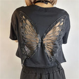 Hulianfu Harajuku Butterfly Wings Black T-shirt Sexy Hollow Out Short Sleeve Crop Top E-girl Dark Academia Grunge Pullovers Tees Women