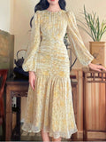 Hulianfu Floral Print Lace Midi Dresses for Women Clothing Elegant Long Sleeve Folds Party Prom Female Beach Bodycon Dress Summer 2023