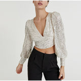 hulianfu  Women's Silver Sequins Blouse Female Fashion Puff Sleeve V Neck Short Pleated Shirt Tops Spring Chic Sexy Street Wear