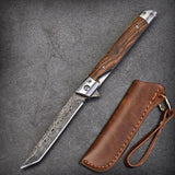 HULIANFU M390 Steel Folding Knife with Holster Wooden Handle Damascus Pattern High Hardness Outdoor Hunting Knife  Camping Survival Tools