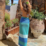 Hulianfu Female Crochet Hollow Out Skirt Solid/Stripe Patchwork Casual Fashion Clothes Women Elastic High Waist Wrapped Long Skirts S M L