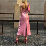 hulianfu Pink Camis Long Dresses Women Satin Cut Out Sleeveless Slip Dress Female Backless Sexy Party Dresses Summer Slit Midi Dress
