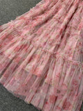 hulianfu hulianfu Vacation Floral Print Long Dress Women Short Sleeve Boho Fairy 3 Layers Mesh Pink Fit Flare Party Vestidos Runway Clothes F281