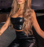 Hulianfu Sleeveless Solid Pu Leather Backless Tube Top Leggings 2 Pieces Set Autumn Winter Women Sexy Streetwear Tracksuit