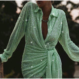 Hulianfu Sexy Sequins Women Party Mini Dress V-Neck Lantern Long Sleeve Female Night Club Evening Dresses Bodycon Short Dress Summer