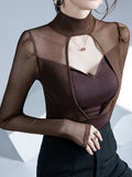 Hulianfu Solid Sexy Long Sleeve Mesh Tshirt Women Fashion Patchwork Black Top T Shirt Autumn Winter Ladies Hollow Out Tee Shirt