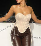 Hulianfu Side Bandage Satin Corset Top Women Strapless Backless Asymmetrical Crop Top Sexy Night Club Party Corsets Cami Tops Black White