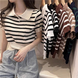 Hulianfu Summer Vintage Striped Polo Collar T Shirts Women's Knitted Short Sleeve Thin Cropped Tshirt Crop Top For Slim Girls