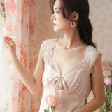 hulianfu V-Neck Sexy Sleeveless Long Nightdress for Women Bow Cute Nightgown Lace Sleepwear Ice Silk Loose Sleepdress Comfort Home Pijama