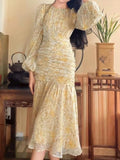 Hulianfu Floral Print Lace Midi Dresses for Women Clothing Elegant Long Sleeve Folds Party Prom Female Beach Bodycon Dress Summer 2023