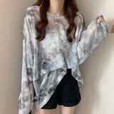 Hulianfu Tie Dye Long Sleeve T-shirts Women Breathable Summer O-neck Design Mesh Sun-proof Loose Tshirts Korean Style All-match Tops Chic