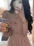 Hulianfu Harajuku French Korean Sweet V-Neck Camisole Sleeveless Sexy Strap Midi Maxi Dresses for Women Elegant Fairy Party Summer Pink
