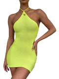 Hulianfu Women Knitted Bodycon Dress Sleeveless Lacing Halterneck Backless Slim Fit Mini Dress for Club Party