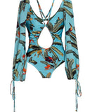 hulianfu hulianfu Sexy V-Neck Bandage Printing Long Sleeves Swimwear Women's Suit Surf Wear Push Up Micro Swimsuit Luxury Shorts Bourkini