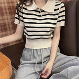 Hulianfu Summer Vintage Striped Polo Collar T Shirts Women's Knitted Short Sleeve Thin Cropped Tshirt Crop Top For Slim Girls