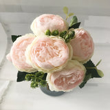 HULIANFU 2023 30cm Rose Pink Silk Peony Artificial Flowers Bouquet 5 Big Head and 4 Bud Cheap Fake Flowers for Home Wedding Decoration indoor