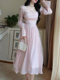 Hulianfu Elegant Evening Party Midi Dress Women Bubble Sleeve French Vintage Sweet Dress Female Pink Korean Style Fairy Dress Autumn