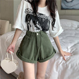 Hulianfu Shorts Women Loose All-match Retro Green Fashion Empire Ladies Ulzzang Mujer Trouser Summer Solid Simple Student Prevalent New