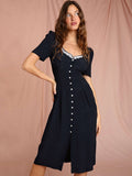 Polka Dot Print Midi Dress Woman Elegant Embroidery Short Sleeve V-neck Vestidos  Summer Femme Vintage Casual Long Robes