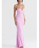 hulianfu Sexy V Neck Sling Backless Maxi Mermaid Dress Elegant Pink Spaghetti Strap Bodycon Long Dress Mermaid Gown Celebrity Party Dress