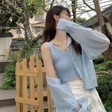 Hulianfu Shirts Women Hole Temperament Sun-proof Ins Vacation Thin Korean Style Sheer Off-shoulder BF Summer Students Beach
