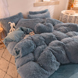 HULIANFU Nordic Pure Color Plush Duvet Cover Set with Sheet Pillow Covers Furry Winter Warm Kawaii Bedding Set Luxury Single Bed Sets