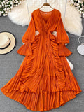 hulianfu Holiday Style Ankle Length Long Dresses Women  Spring New V Neck Puff Sleeve Lace Elegant Evening Party Summer Dress