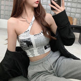 Hulianfu irregular spaghetti strap tank top woman newspaper letter print wirefree bra camis for women camisole new trend