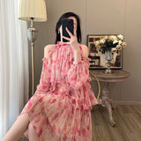 Lantern Sleeve Summer Dress New French Style Floral Dress for Women 2023 Sweet Elegant Tierred Knee Length Mini Dress