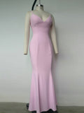 hulianfu Sexy V Neck Sling Backless Maxi Mermaid Dress Elegant Pink Spaghetti Strap Bodycon Long Dress Mermaid Gown Celebrity Party Dress