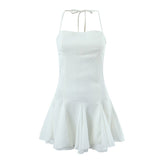 Hulianfu Spring Summer New Sexy Slim Fashion Women Halter Neck Tie Backless Pleated Short Strap Mini Dress Female