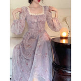 Hulianfu Floral Dress for Women New Fashion Spring Fairycore Square Collar Puff Sleeve Midi Dress Elegant Lace-up Y2k Dress
