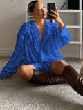 hulianfu Winter Y2K Green Fashion  Elegant Sequins Shirts Women Long Sleeve V Neck Party Sexy Club Long Casual Blouse Shirt