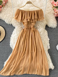 hulianfu Yellow/Purple/White Chiffon Dress Women Sexy Slash Neck Ruffle Robe Elegant Ruffle High Waist Vestidos Female Beach Vacation New